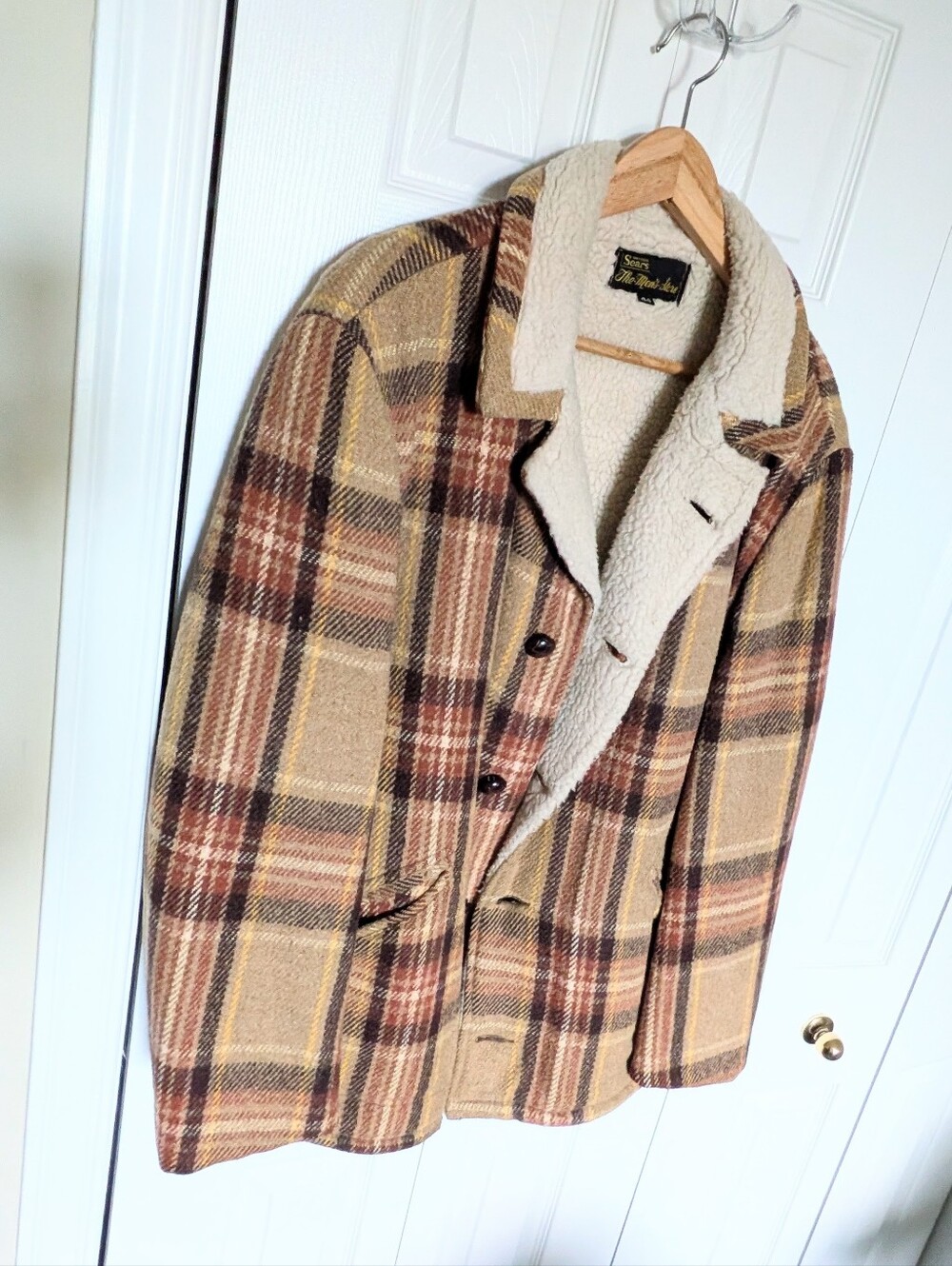 Vintage Sears Brown Tan Plaid Sherpa-Lined Winter Coat. Size 44.